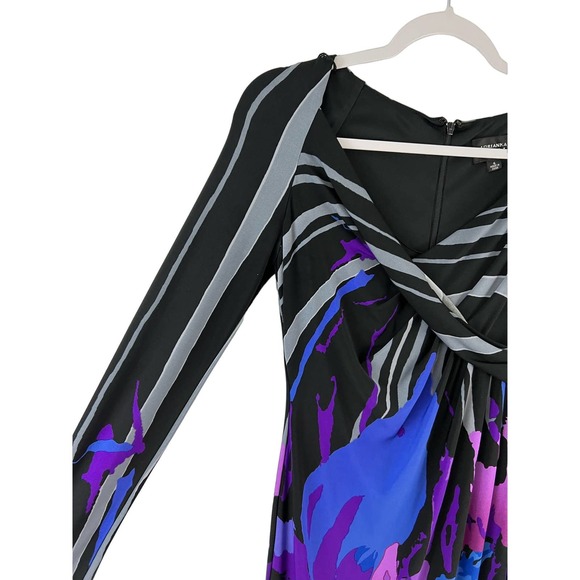 Adrianna Papell Dress Women's Black Purple Gray Floral Gown Size 4 Long Sleeves - Picture 3 of 8